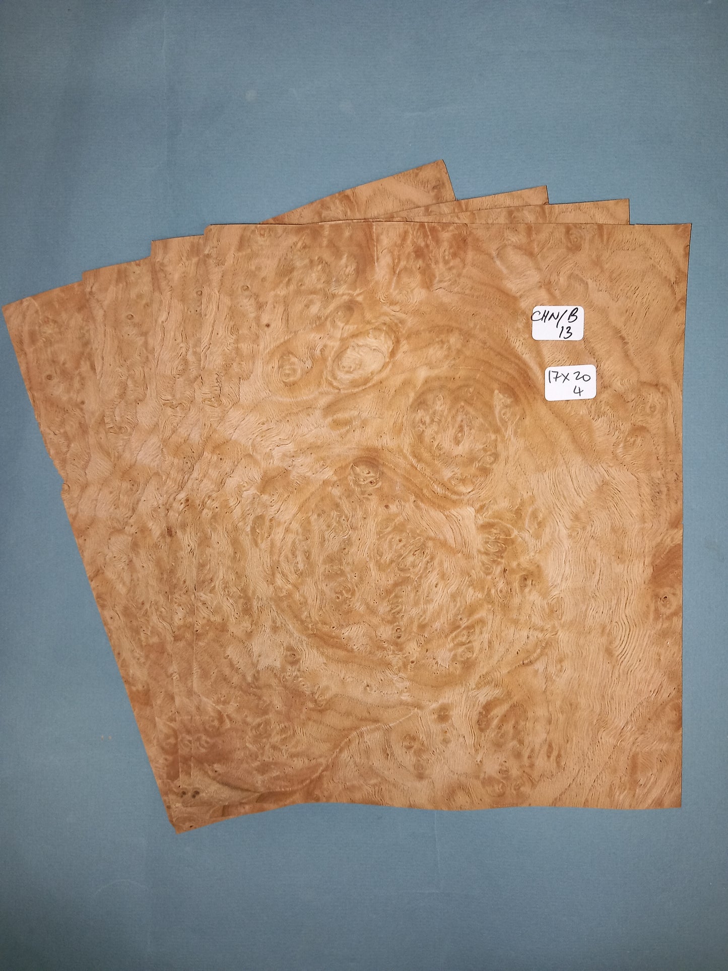 4 CONSECUTIVE SHEETS OF CHESTNUT BURR VENEER 17 X 20 CM