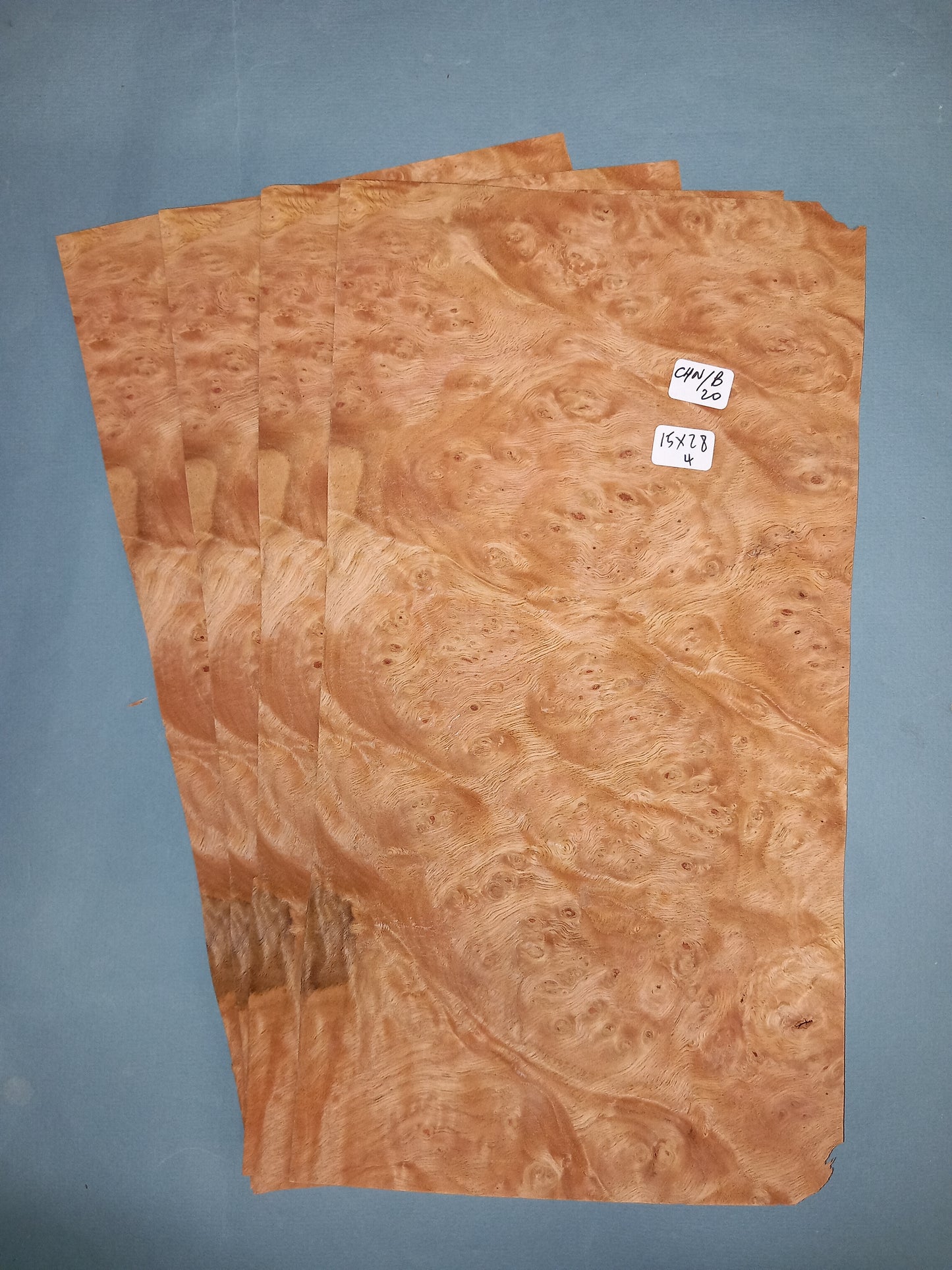 4 CONSECUTIVE SHEETS OF CHESTNUT BURR VENEER 15 X 28 CM