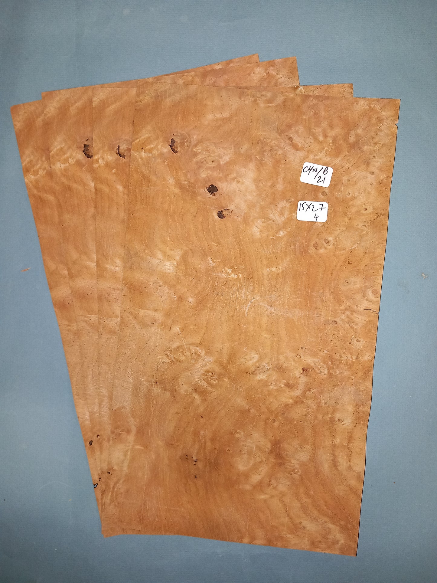 4 CONSECUTIVE SHEETS OF CHESTNUT BURR VENEER 15 X 27 CM