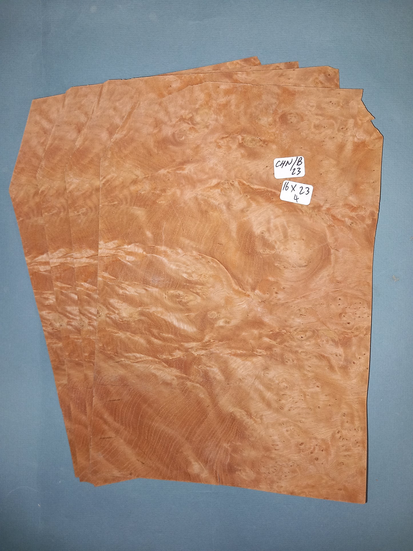 4 CONSECUTIVE SHEETS OF CHESTNUT BURR VENEER 16 X 23 CM