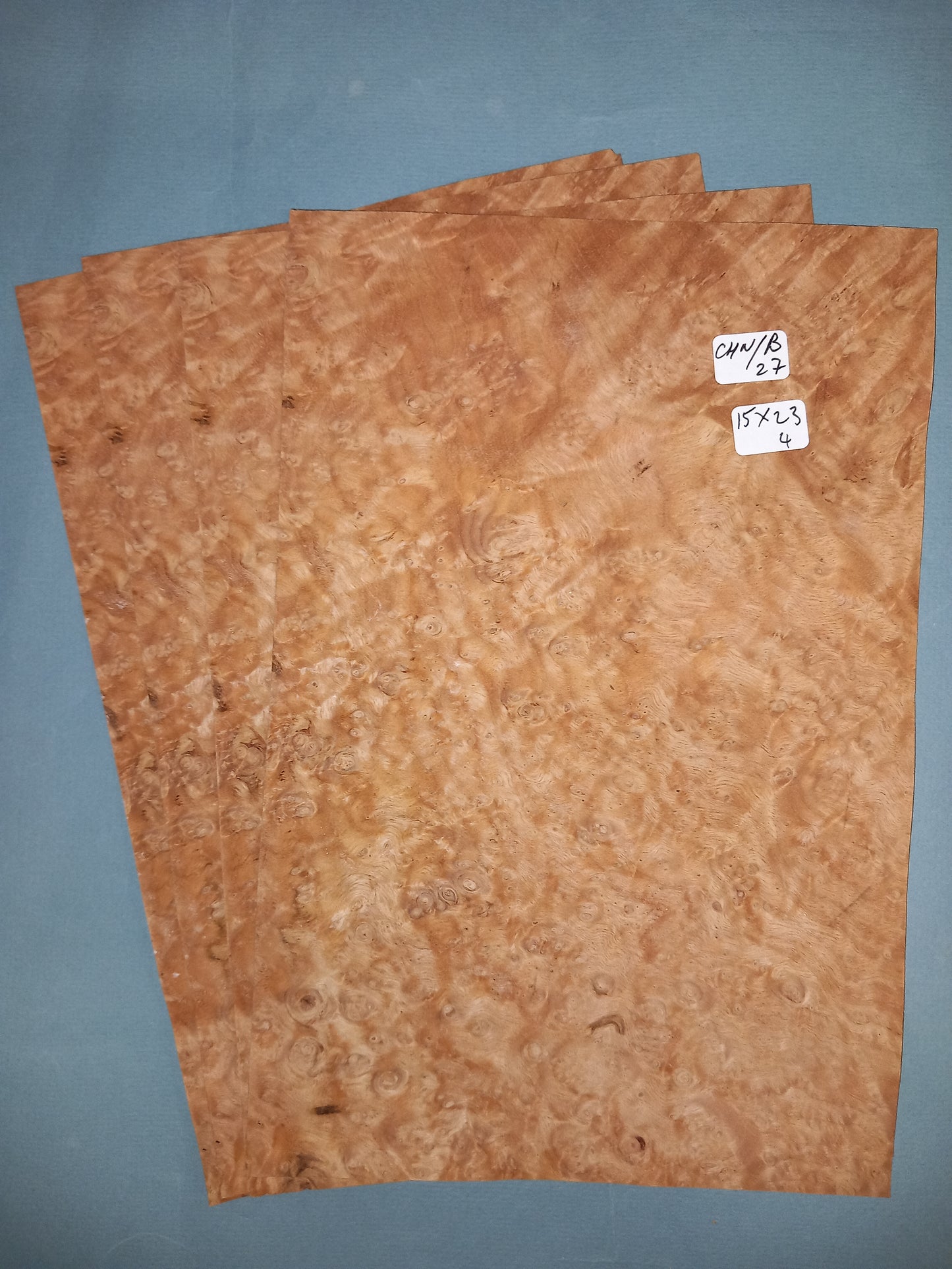 4 CONSECUTIVE SHEETS OF CHESTNUT BURR VENEER 15 X 23 CM