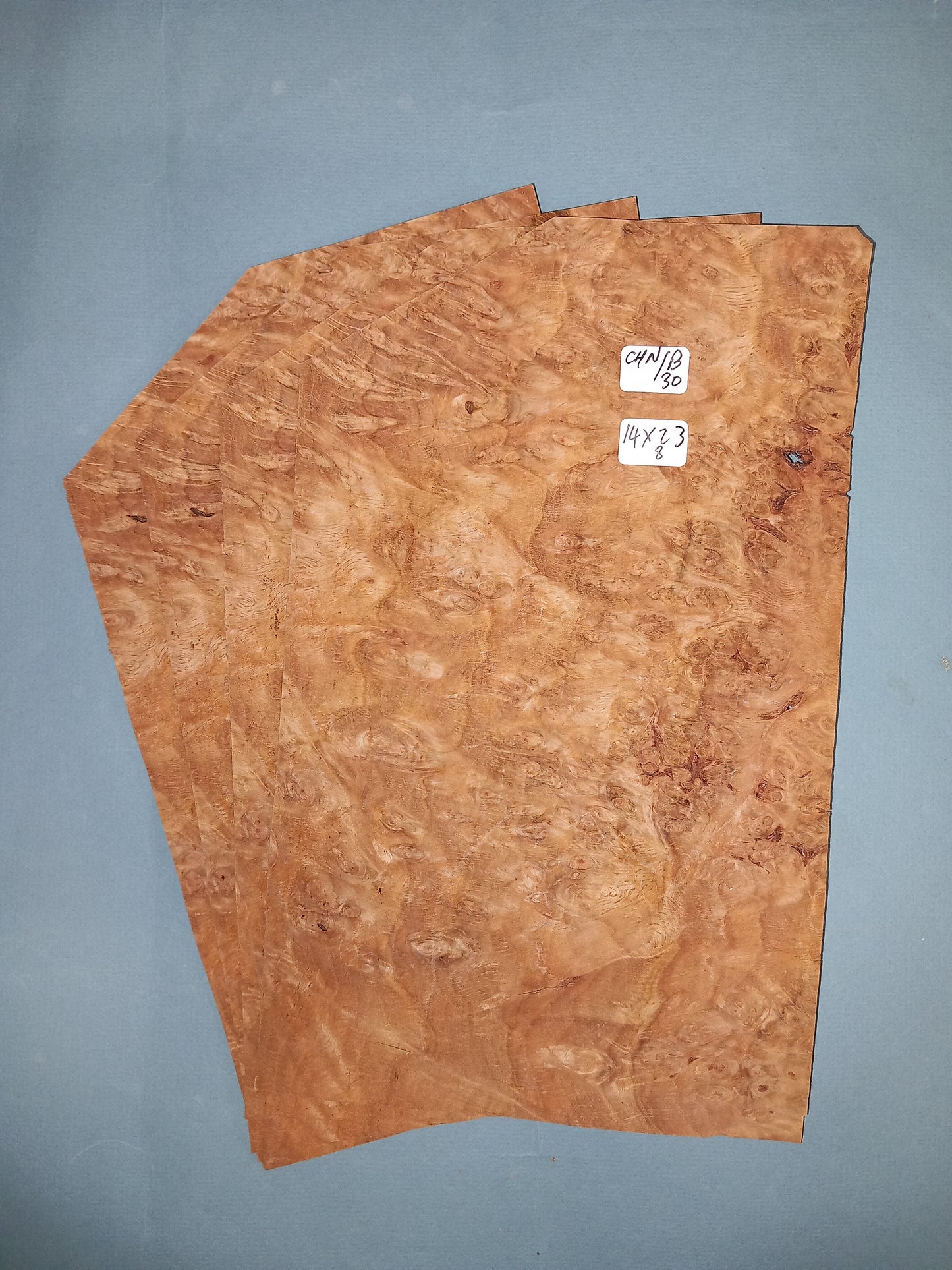 4 CONSECUTIVE SHEETS OF CHESTNUT BURR VENEER 14 X 23 CM
