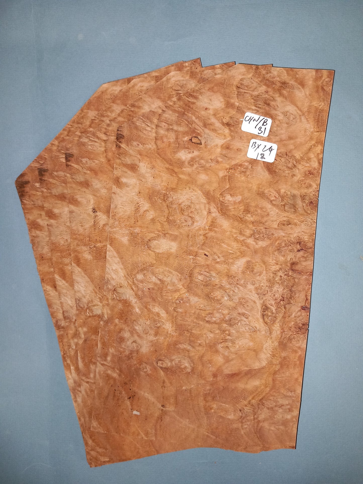 4 CONSECUTIVE SHEETS OF CHESTNUT BURR VENEER 13 X 24 CM