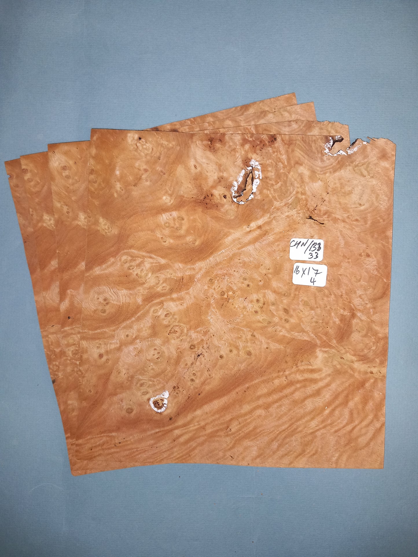 4 CONSECUTIVE SHEETS OF CHESTNUT BURR VENEER 16 X 17 CM