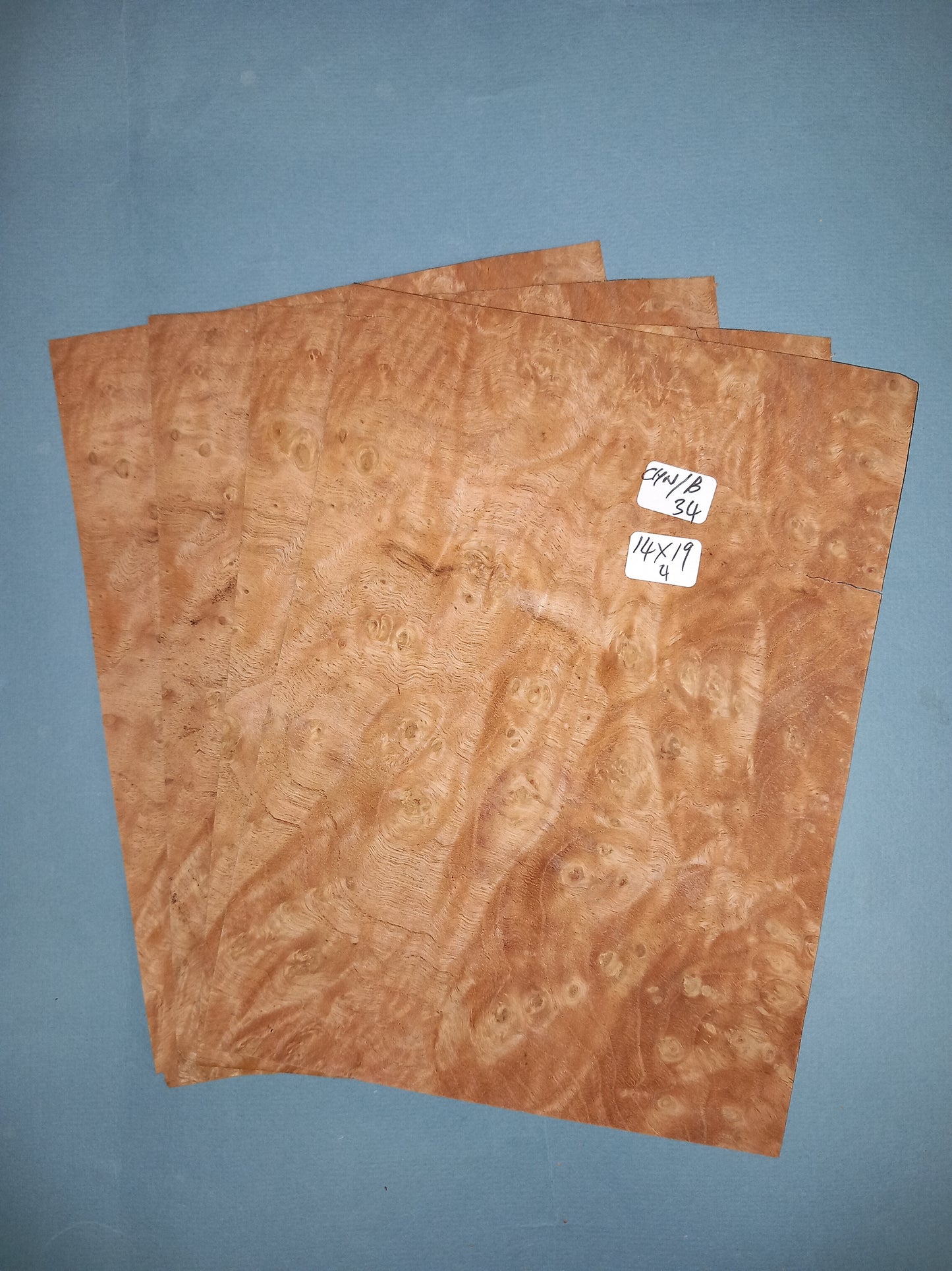 4 CONSECUTIVE SHEETS OF CHESTNUT BURR VENEER 14 X 19 CM