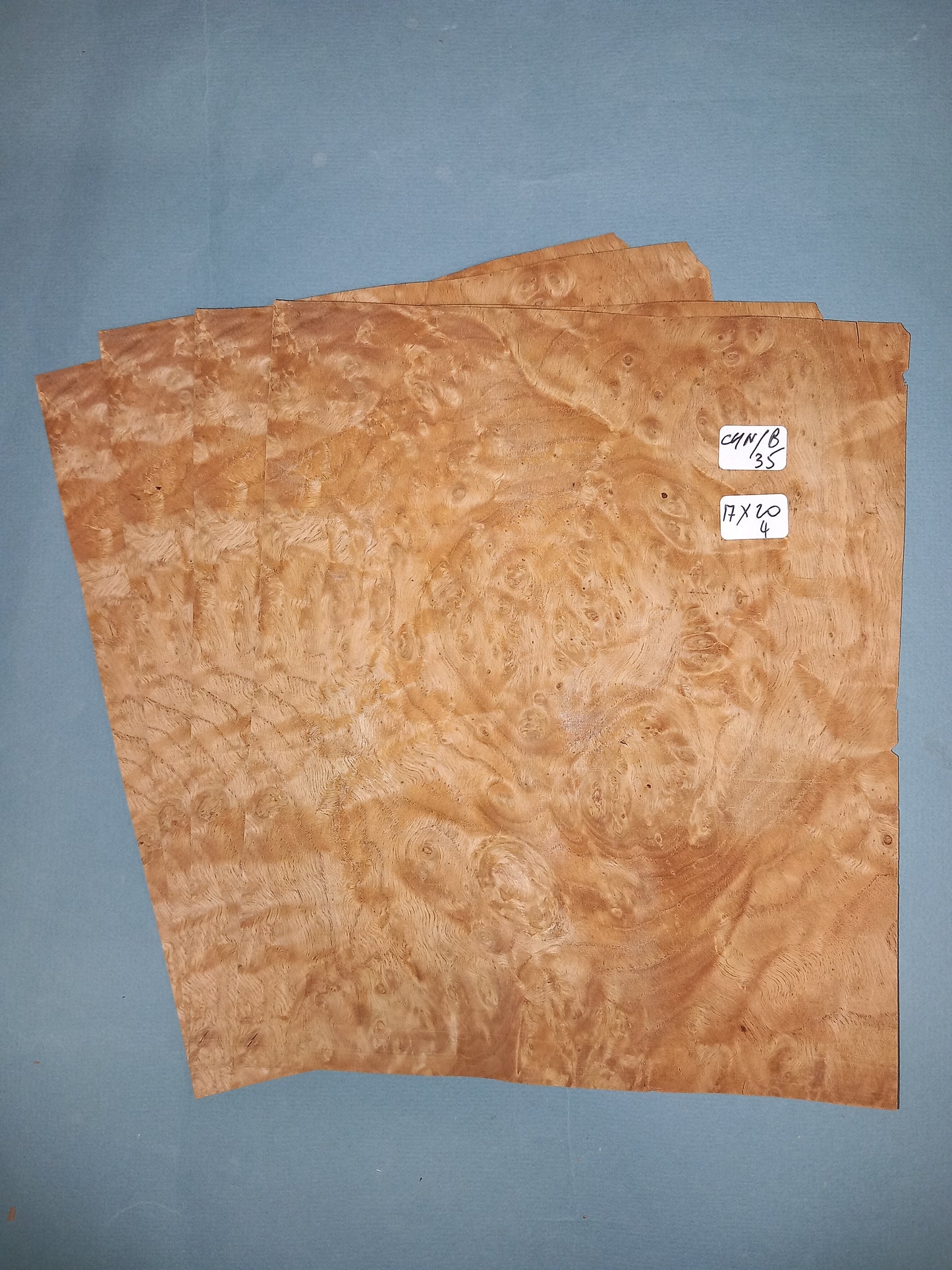 4 CONSECUTIVE SHEETS OF CHESTNUT BURR VENEER 17 X 20 CM
