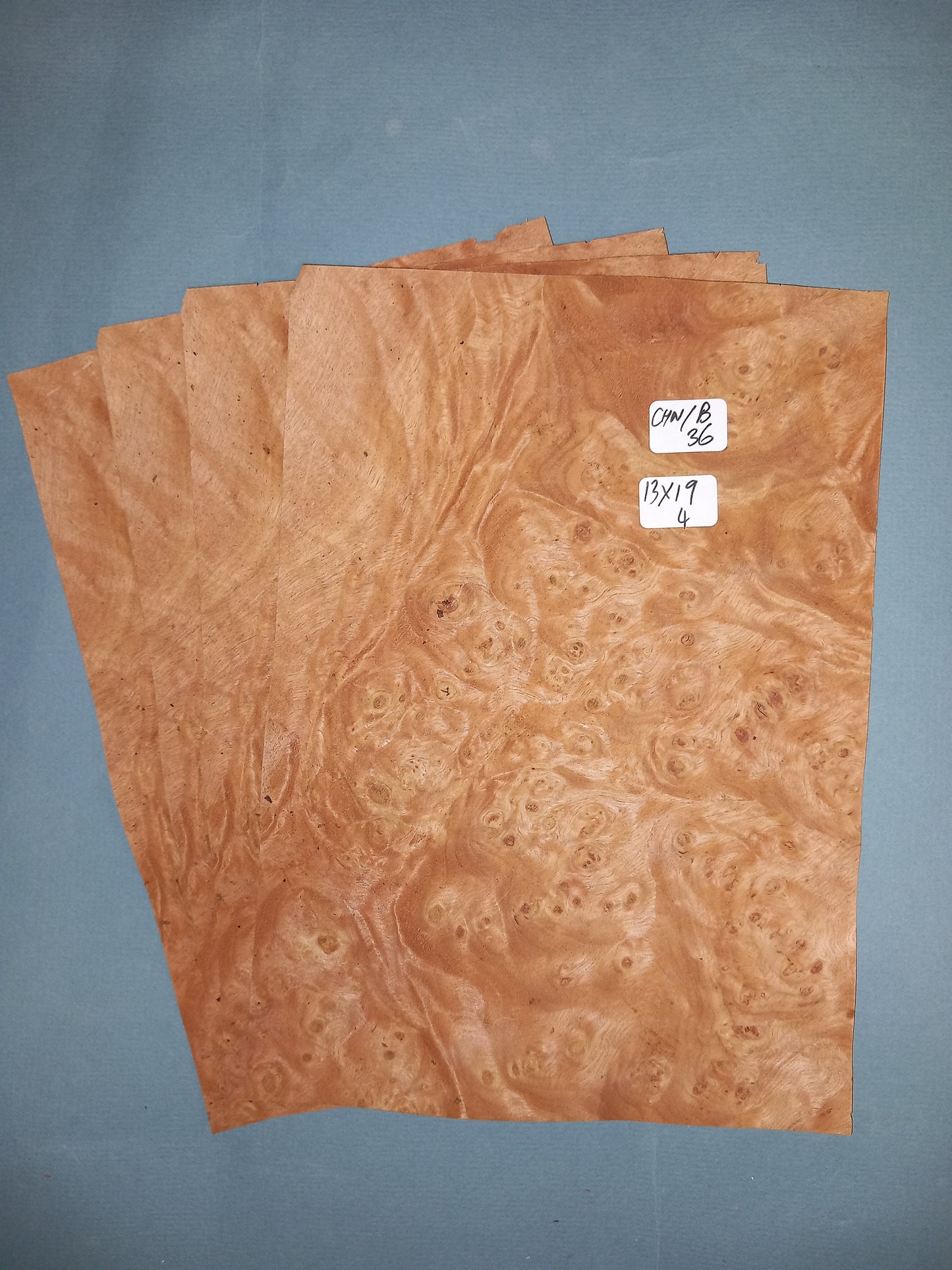 4 CONSECUTIVE SHEETS OF CHESTNUT BURR VENEER 13 X 19 CM