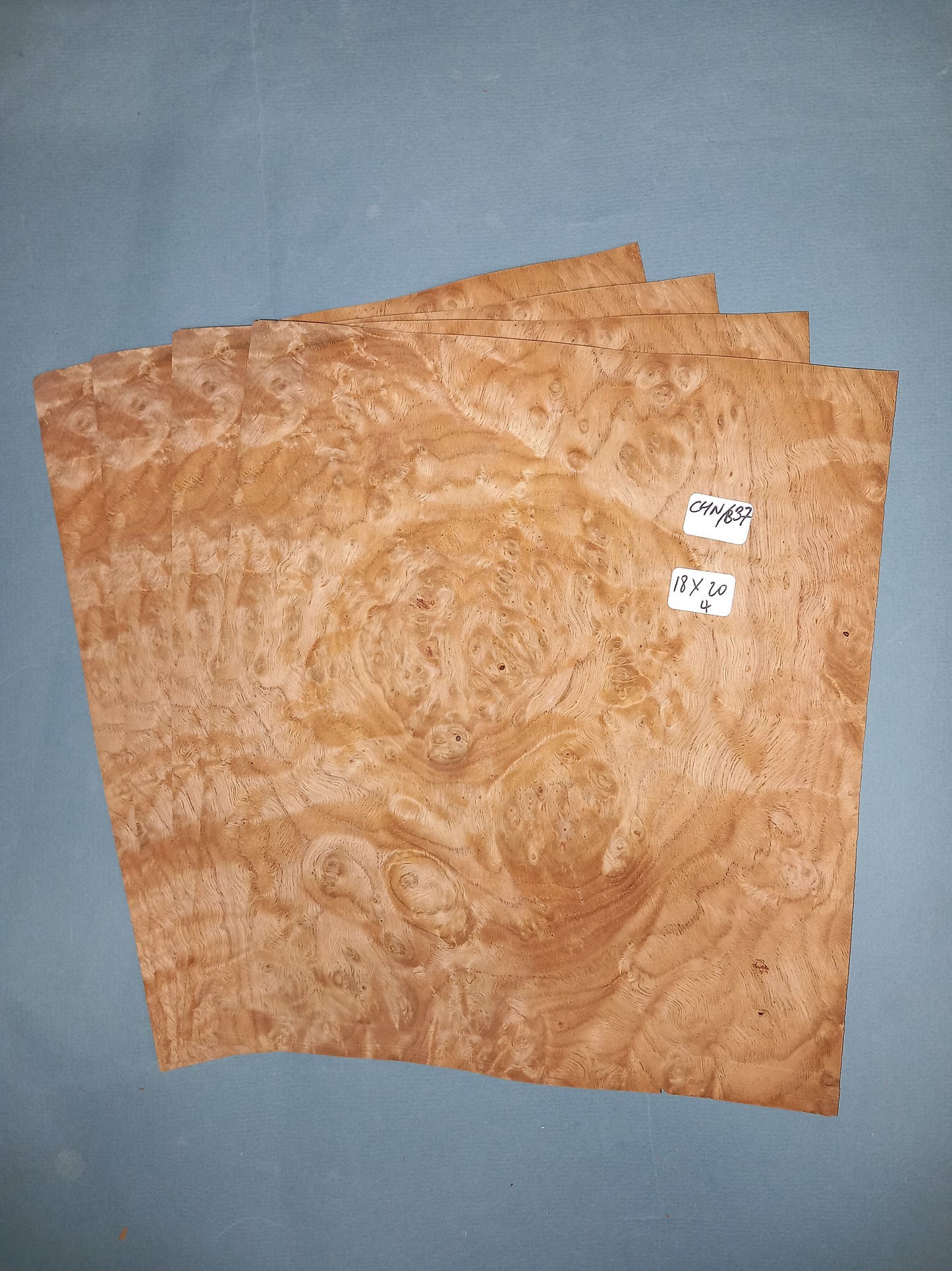 4 CONSECUTIVE SHEETS OF CHESTNUT BURR VENEER 18 X 20 CM