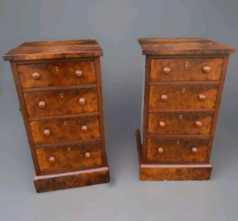 PAIR OF 4 DRAWER VICTORIAN BURR WALNUT BEDSIDE CHESTS