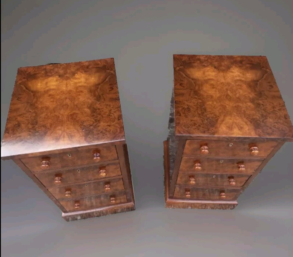 PAIR OF 4 DRAWER VICTORIAN BURR WALNUT BEDSIDE CHESTS