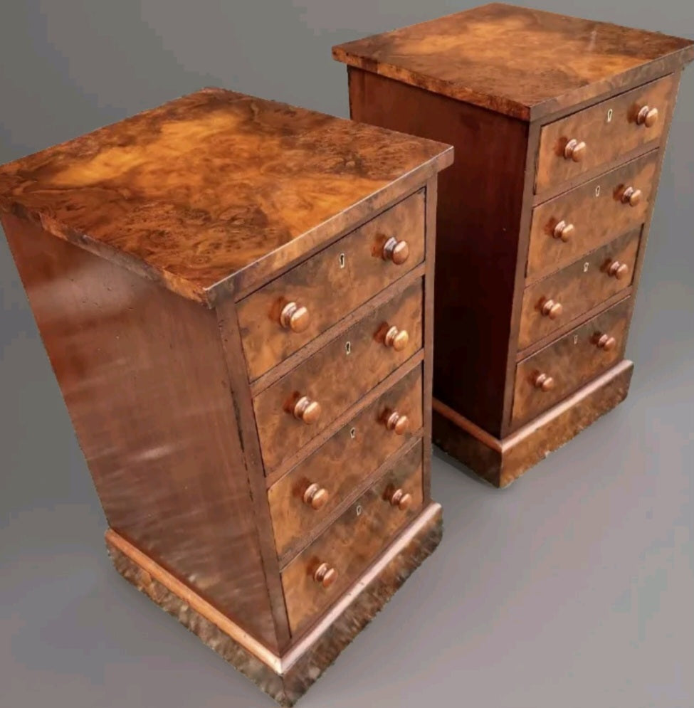 PAIR OF 4 DRAWER VICTORIAN BURR WALNUT BEDSIDE CHESTS
