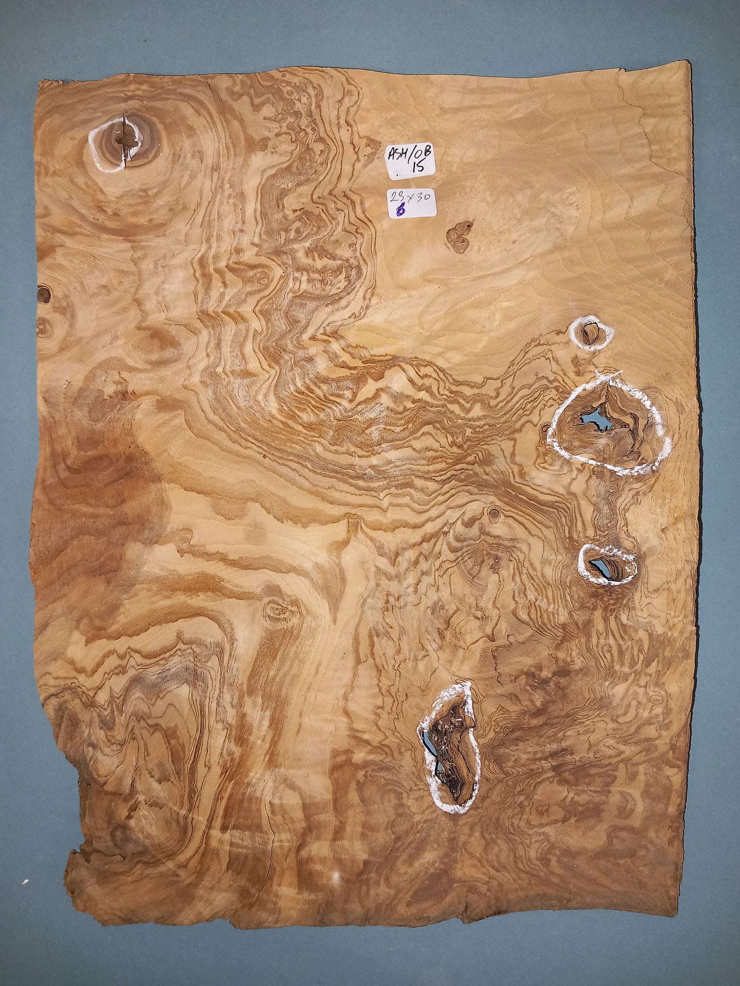 CONSECUTIVE SHEETS OF OLIVE ASH BURR VENEER 23 X 30 CM