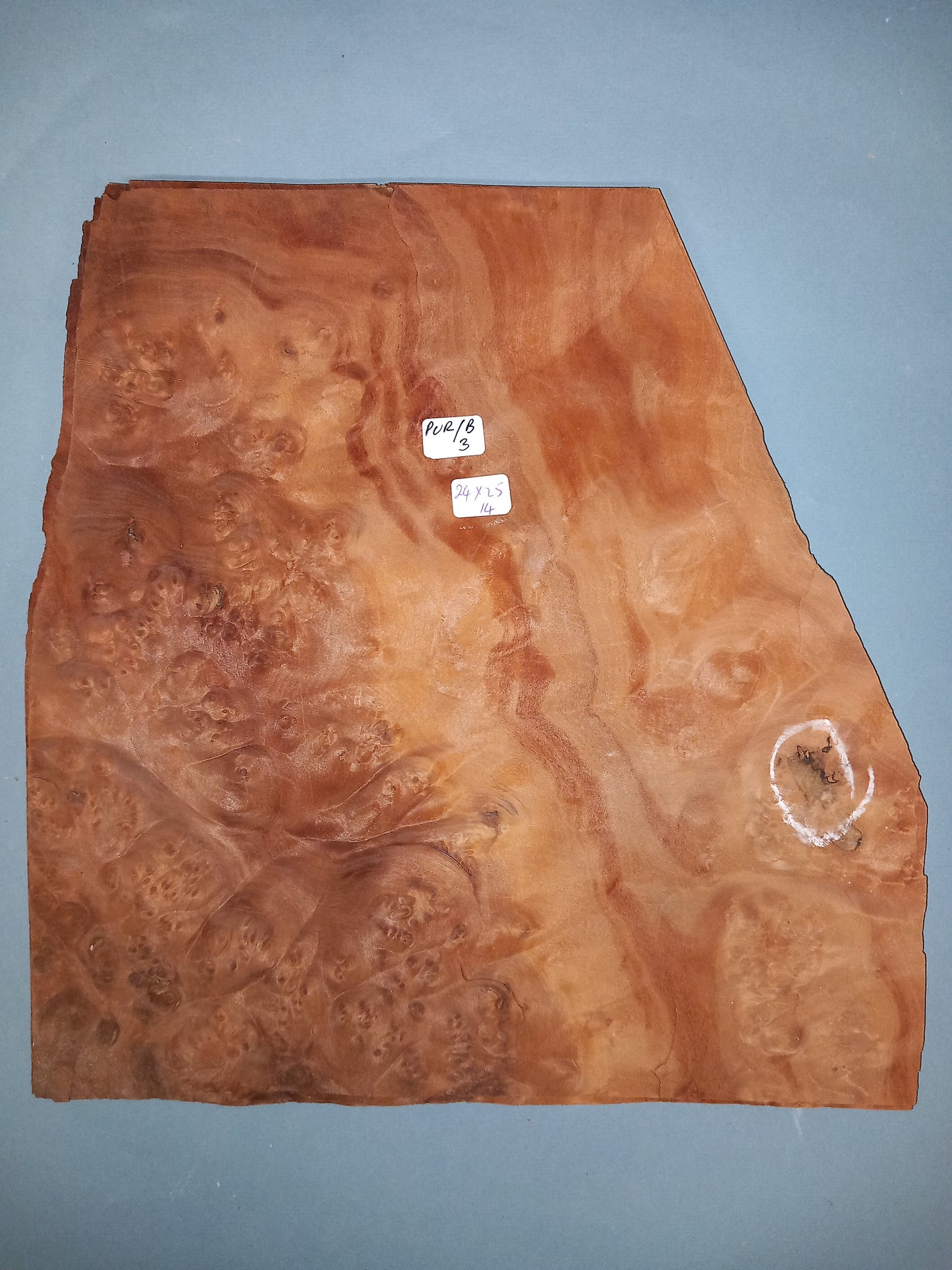 CONSECUTIVE SHEETS OF PURPLE HEART BURR VENEER 24 X 25 CM