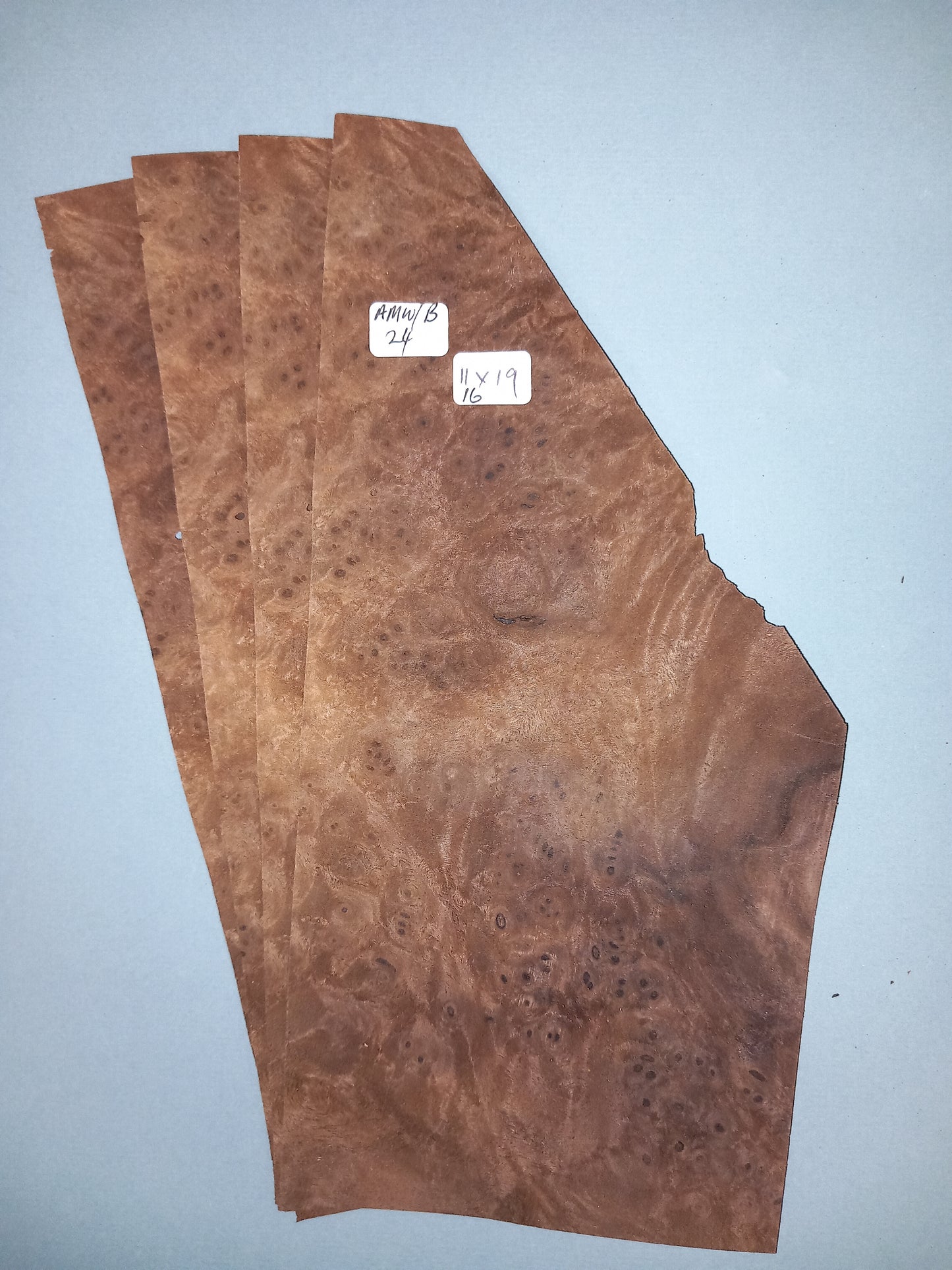 4 CONSECUTIVE SHEETS OF AMERICAN WALNUT BURR VENEER 11 X 19 CM