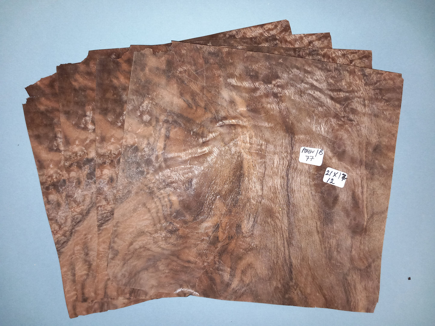 4 CONSECUTIVE SHEETS OF AMERICAN WALNUT BURR VENEER 21 X 17 CM