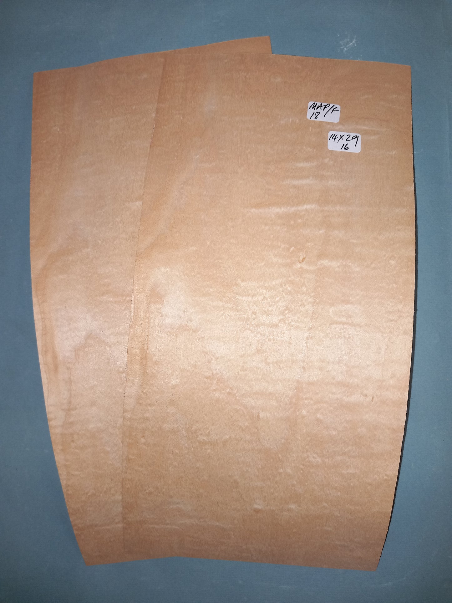 2 CONSECUTIVE SHEETS OF FIGURED MAPLE VENEER 14 X 29 CM