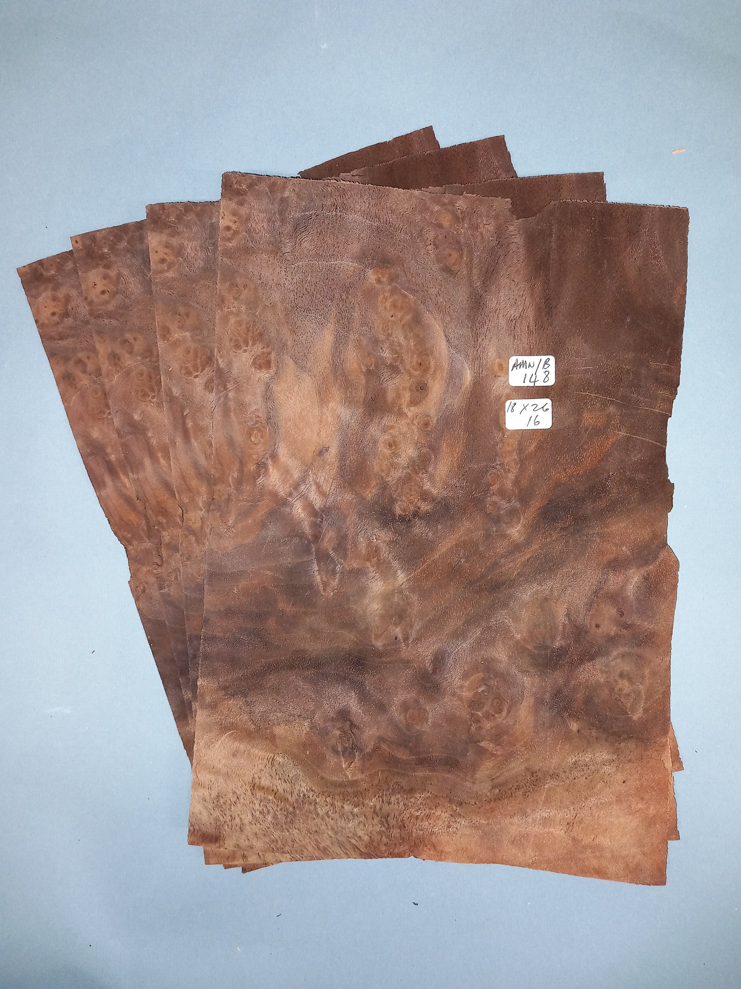 4 CONSECUTIVE SHEETS OF AMERICAN BURR WALNUT VENEER 18 X 26 CM