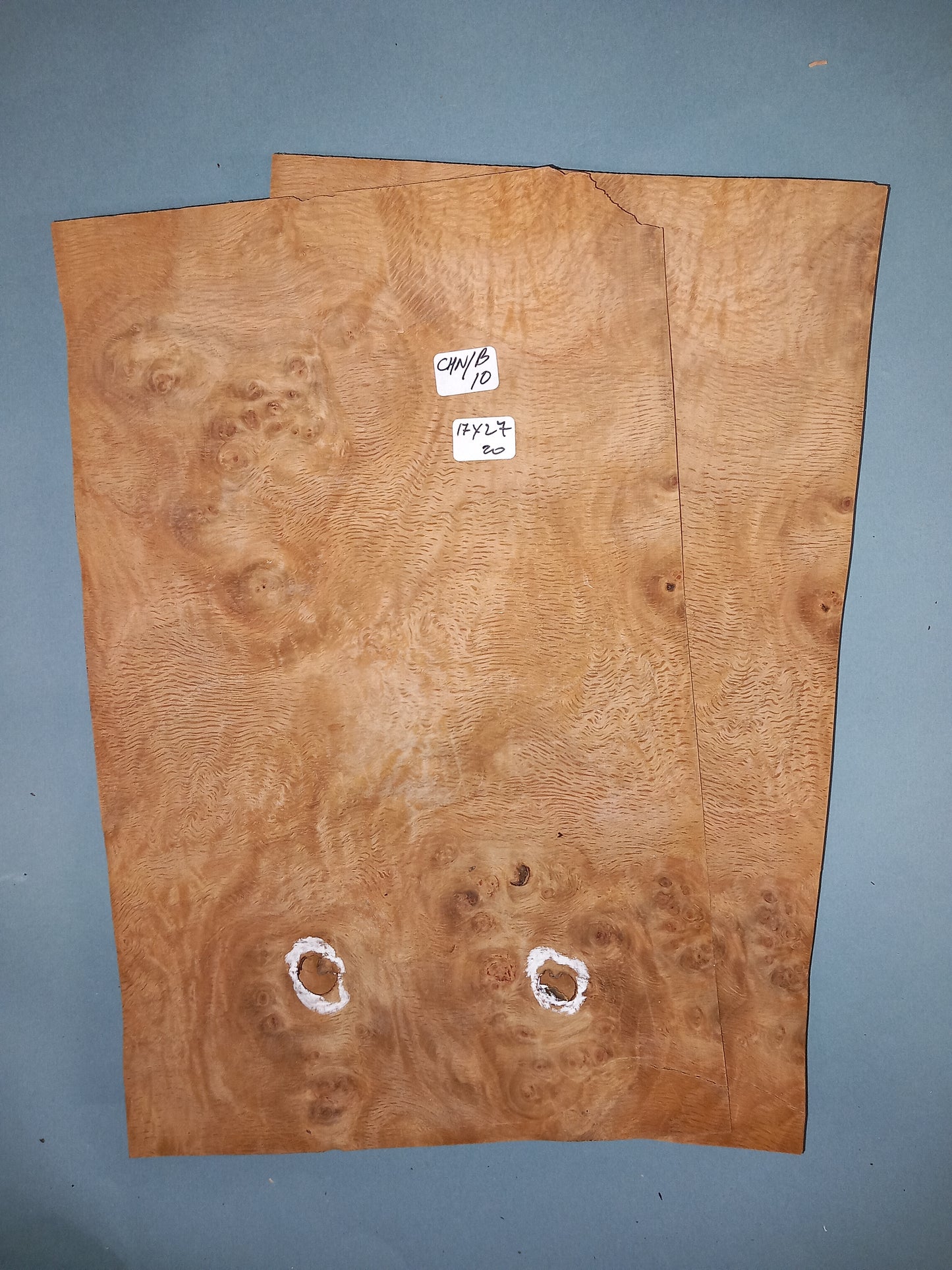 2 CONSECUTIVE SHEETS OF CHESTNUT BURR VENEER 17 X 27 CM
