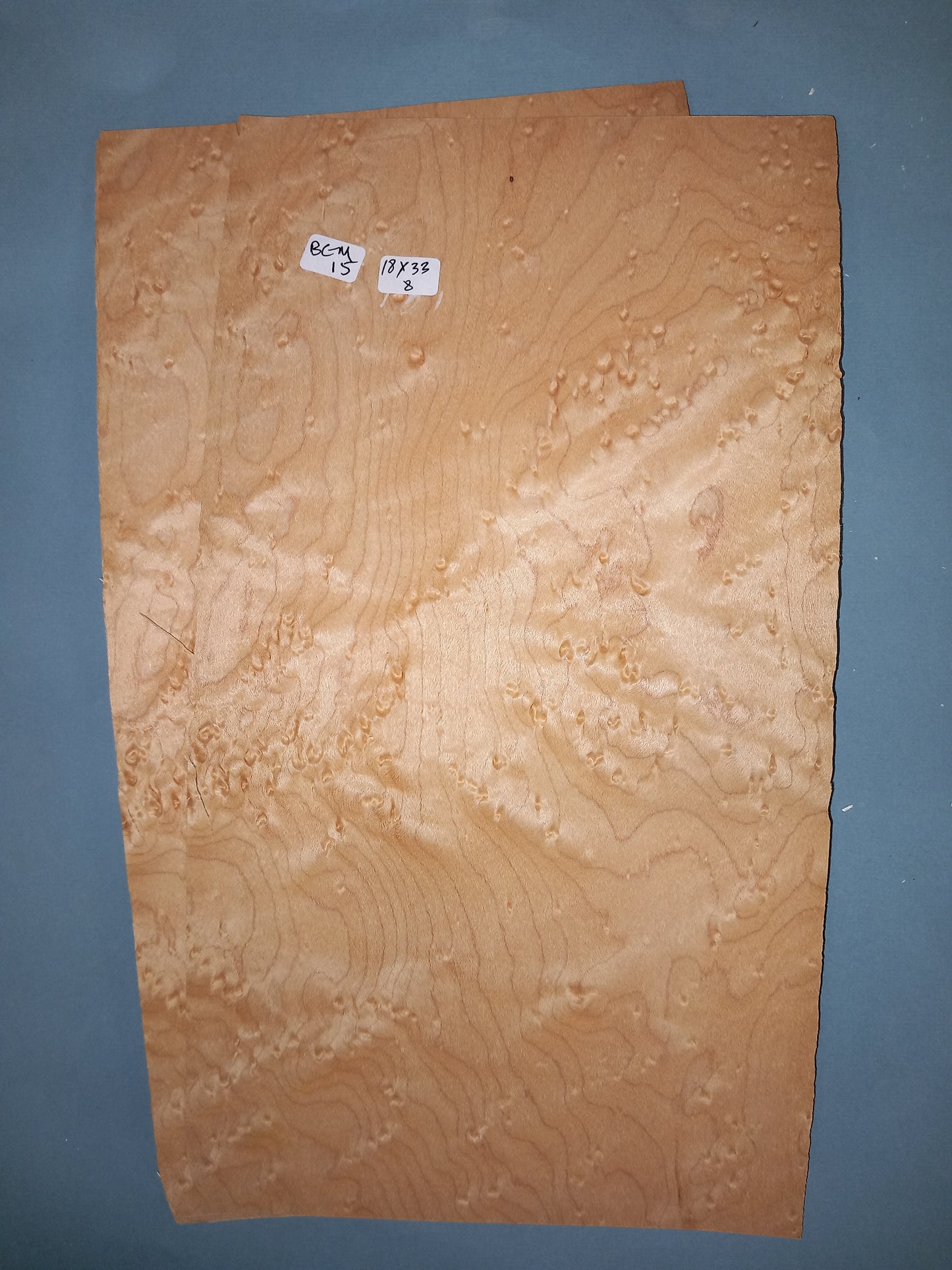 2 CONSECUTIVE SHEETS OF BIRDS EYE MAPLE VENEER 18 X 33 CM