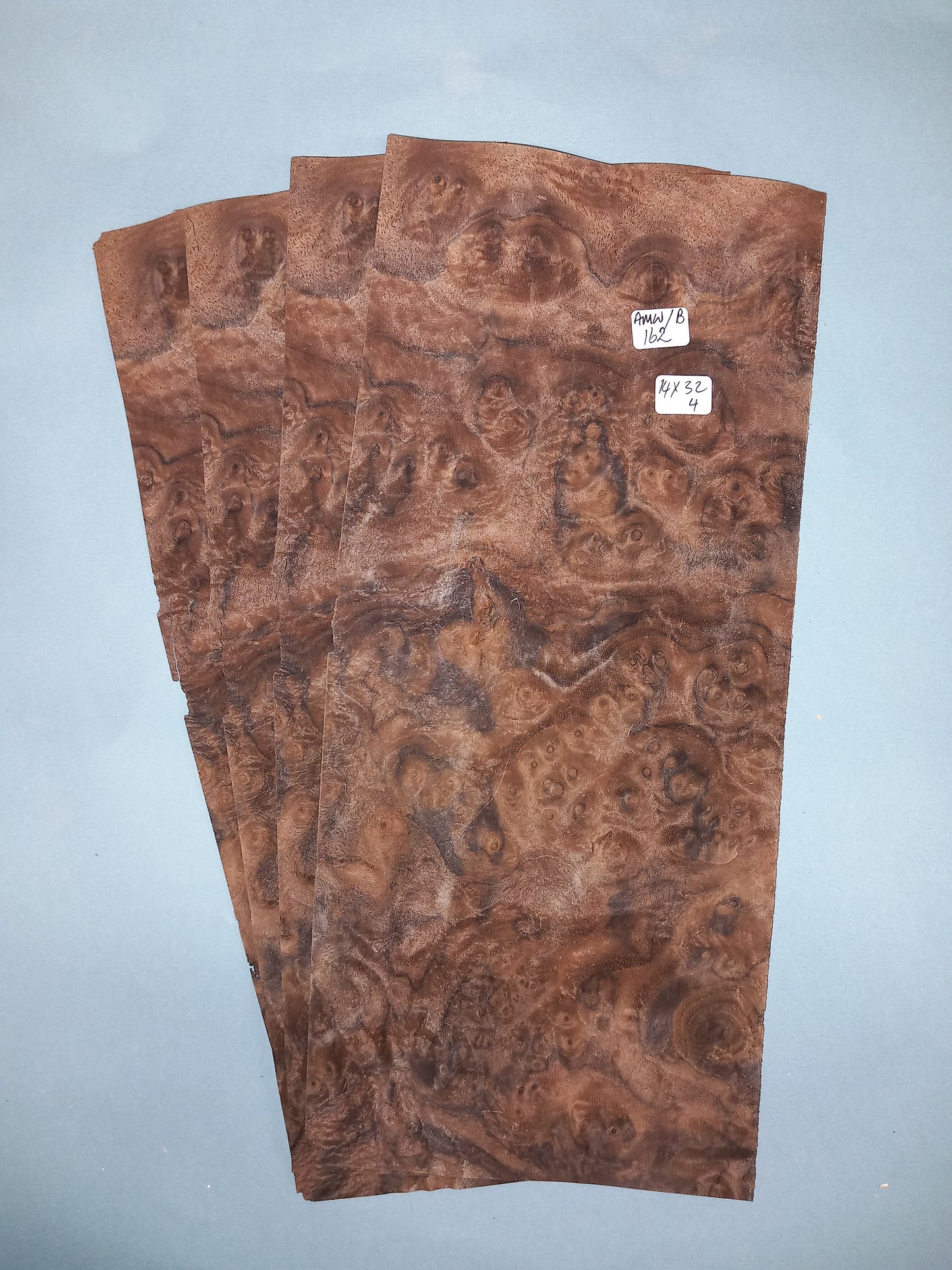 4 CONSECUTIVE SHEETS OF AMERICAN BURR WALNUT VENEER 14 X 32 CM