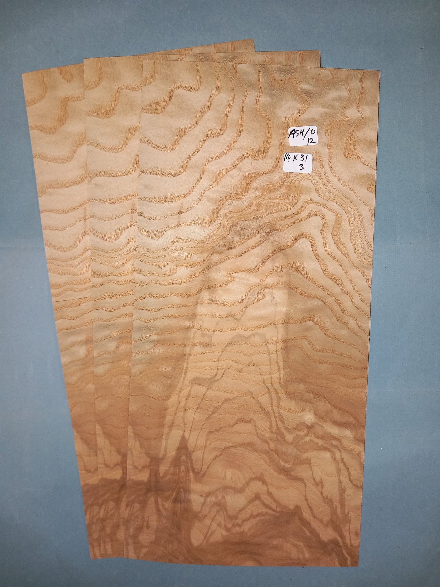 3 CONSECUTIVE SHEETS OF OLIVE ASH VENEER 14 X 31 CM