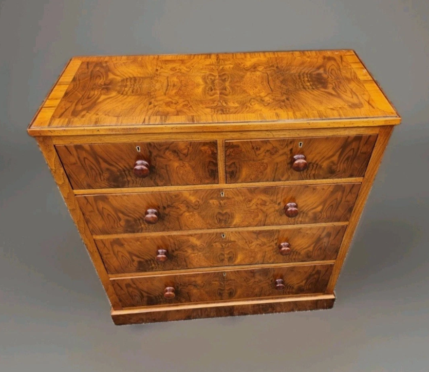 EDWARDIAN BURR WALNUT CHEST OF DRAWERS ANTIQUE BURL DESK VICTORIAN  FURNITURE