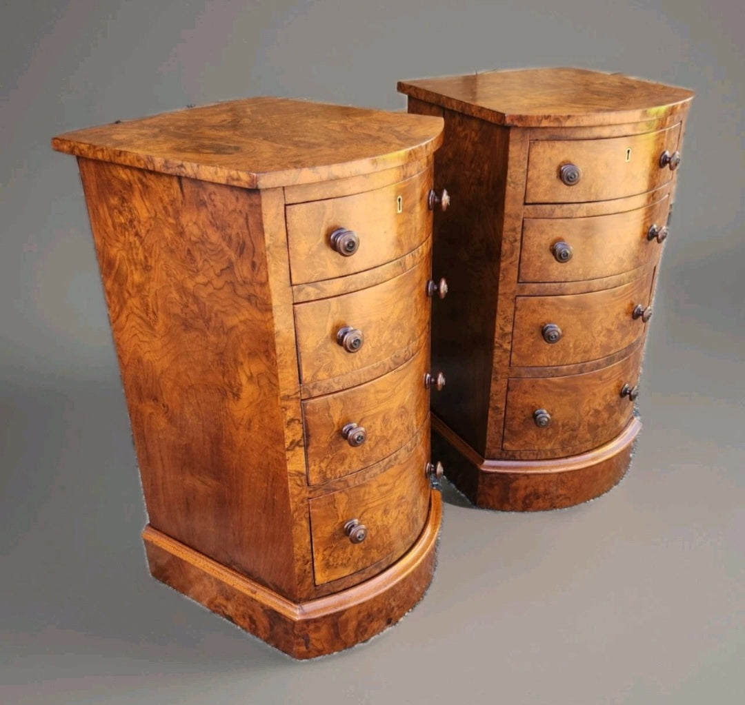 Pair of victorian Burr walnut bedside chests of drawers,bowfront 19th century