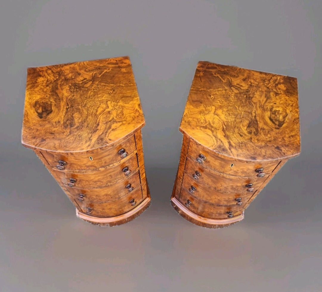 Pair of victorian Burr walnut bedside chests of drawers,bowfront 19th century