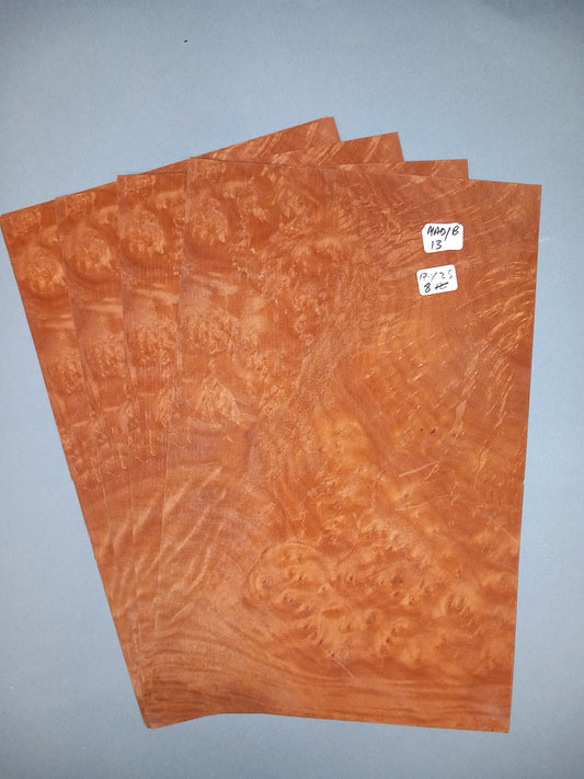 4 CONSECUTIVE SHEETS OF MADRONE BURR VENEER   17 X 25 CM
