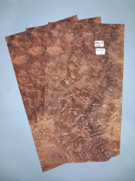 3 CONSECUTIVE SHEETS OF AMERICAN BURR WALNUT VENEER    15 X 26 CM