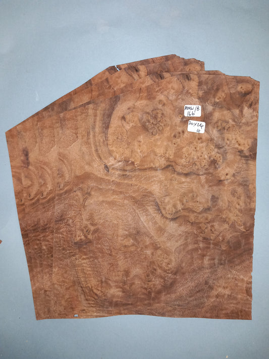 4 CONSECUTIVE SHEETS OF AMERICAN BURR WALNUT VENEER   20 X 24 CM