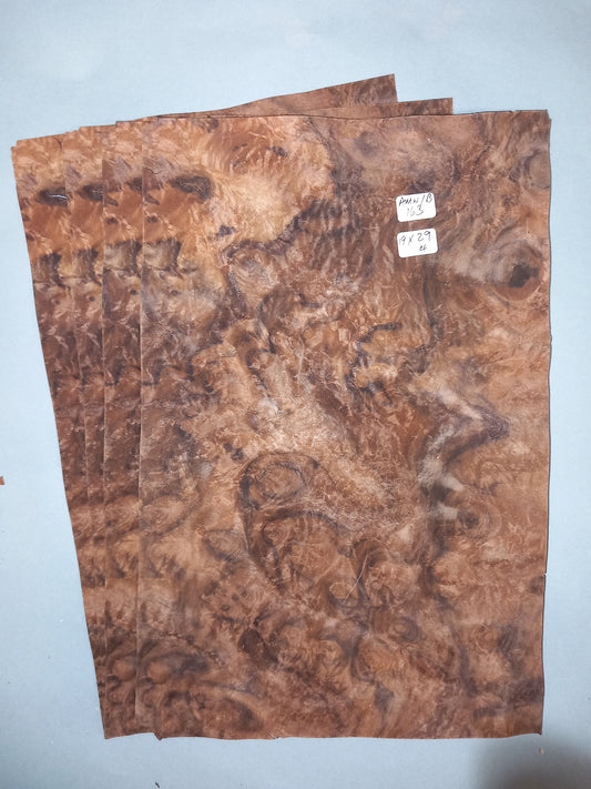 4 CONSECUTIVE SHEETS OF AMERICAN BURR WALNUT VENEER   19 X 29 CM