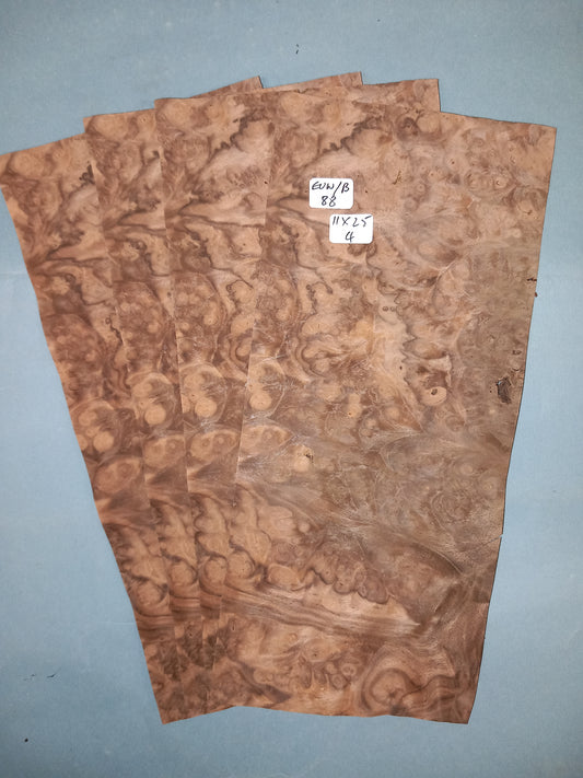4 CONSECUTIVE SHEETS OF EUROPEAN BURR WALNUT VENEER       11 X 25 CM