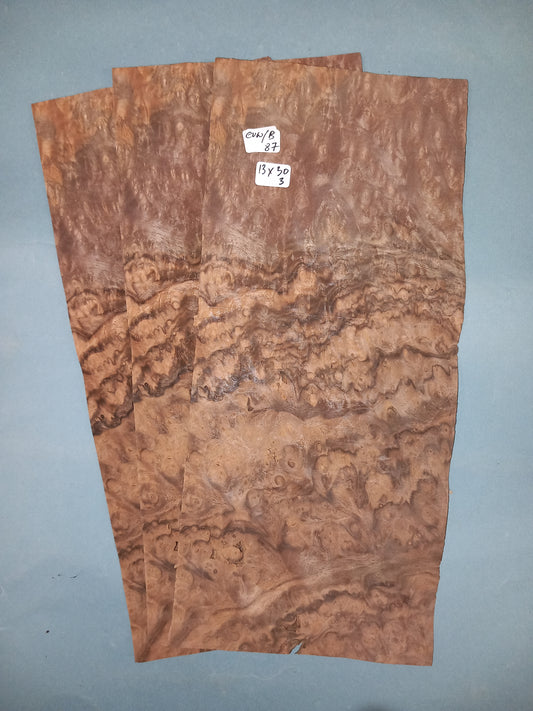 3 CONSECUTIVE SHEETS OF EUROPEAN BURR WALNUT VENEER       13 X 30 CM