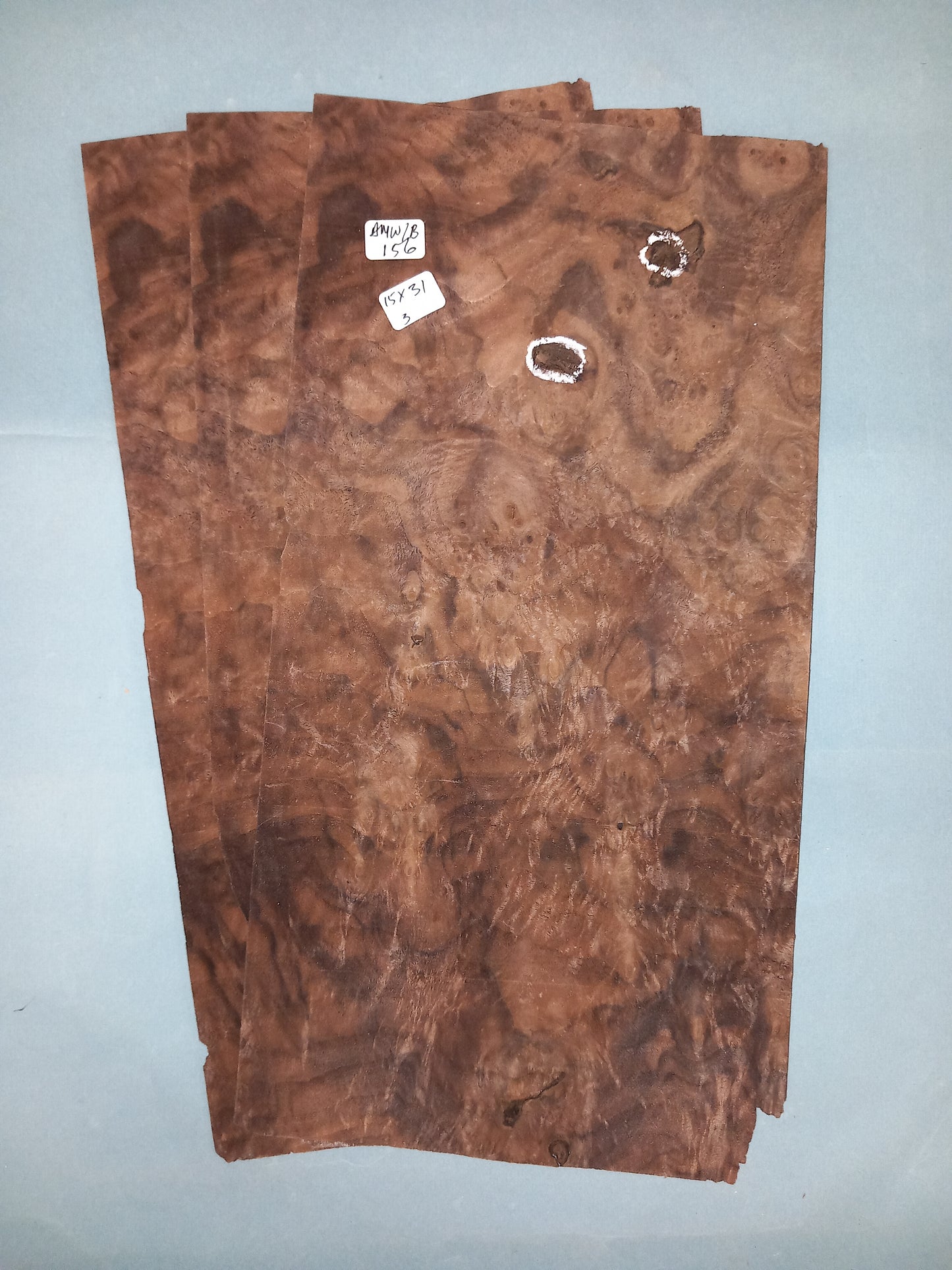 3 CONSECUTIVE SHEETS OF AMERICAN BURR WALNUT VENEER      15 X 31 CM